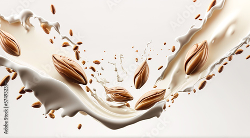 Milk splash swirls and almond for demonstration food shot background.ai generated images