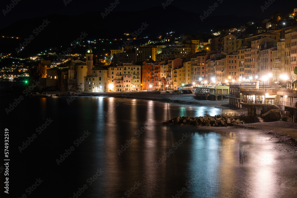 Italian riviera bay of Camogli village in Liguria at nighttime