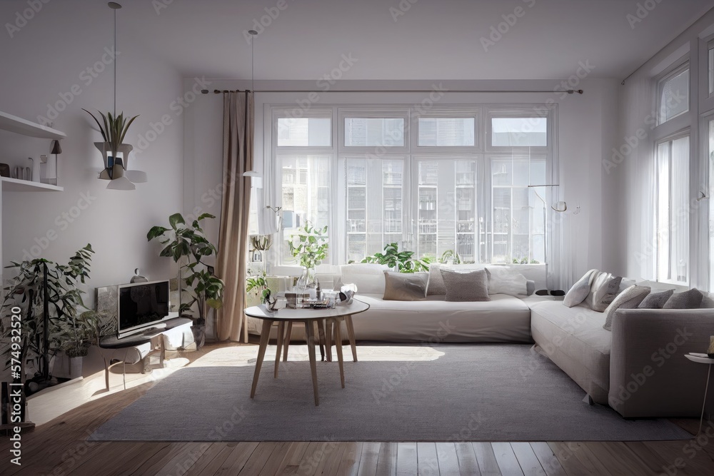 Fototapeta premium Stylish scandinavian living room with design mint sofa, furnitures, mock up poster map, plants and elegant personal accessories. Modern home decor. Bright and sunny room. Generative AI illustration.