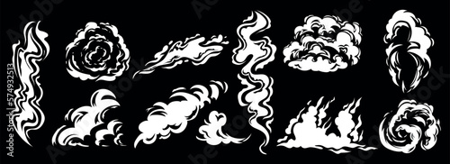 Video game speed symbol, smoke silhouette. Flash power, gas or shot clouds, exploding energy from blast, sprites. Dust and wind, white mist elements. Vector cartoon garish illustration set