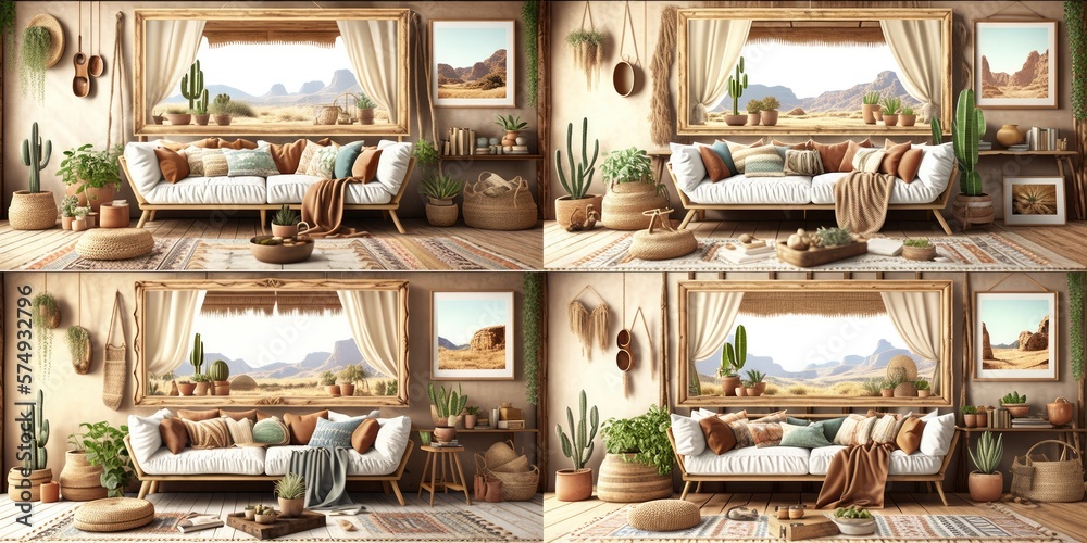 Fototapeta premium Stylish scandinavian living room with design mint sofa, furnitures, mock up poster map, plants and elegant personal accessories. Modern home decor. Bright and sunny room. Generative AI illustration.