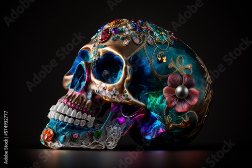 generative ai illustration of Skull decorated with expensive jewelry, crystals, gold, jewels and painted with bright colors on black velvet background, from the side