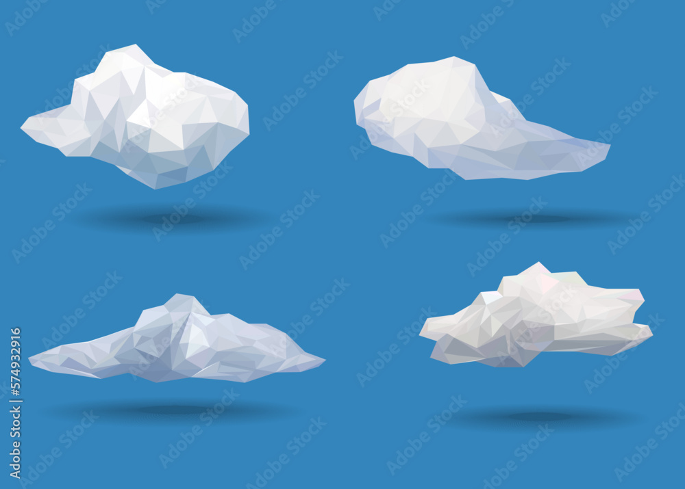 Flat white cloud polygon icon vector set  with blue color backdrop