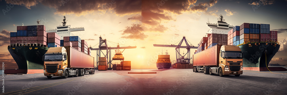 Modern System transportation and logistic import export and transport industry of truck container cargo ship and cargo plane with working crane bridge in shipyard at sunset sky. Generative AI Modern System transportation and logistic import export and transport industry of truck container cargo ship and cargo plane with working crane bridge in shipyard at sunset sky. Generative AI