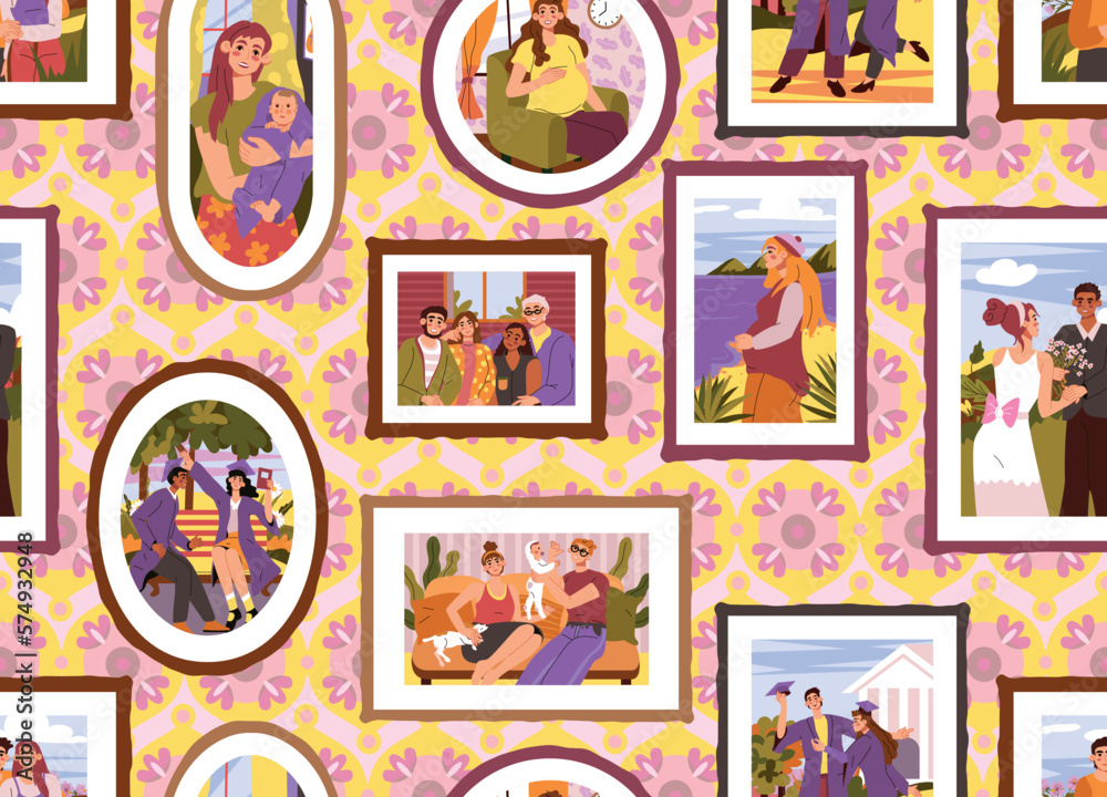Family pictures. Photo frame on wall pattern. Sketch portraits hanging on wallpaper. Happy moments. Patchwork from photographs. Paintings frameworks. Vector seamless exact illustration