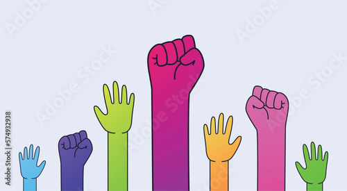 Raised human fists, hands up icons. Unity and solidarity arms, pump power, woman or man people punch. Colorful elements, poster or banner. Vector flat recent tolerance and liberty concept