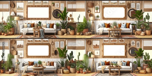 Stylish scandinavian living room with design mint sofa, furnitures, mock up poster map, plants and elegant personal accessories. Modern home decor. Bright and sunny room. Generative AI illustration.