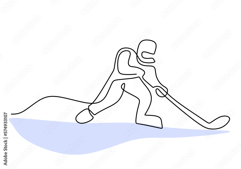 Hand drawing one single continuous line of man play hockey on ice isolated on white background. Hand drawing one single continuous line of man play hockey on ice isolated on white background.