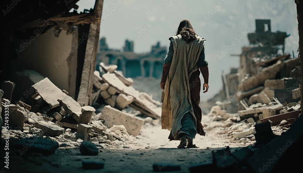 Jesus in the Shadows Walking in a Destroyed City Generated by AI Jesus in the Shadows Walking in a Destroyed City Generated by AI