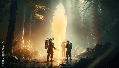 firefighters spraying high pressure water to fire in forest, Generative AI