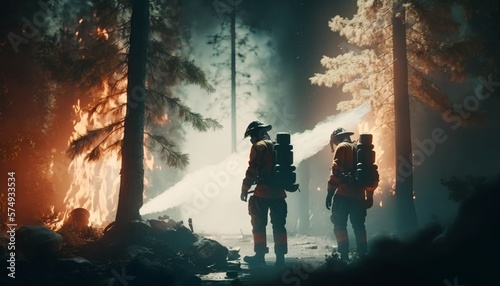 firefighters spraying high pressure water to fire in forest, Generative AI