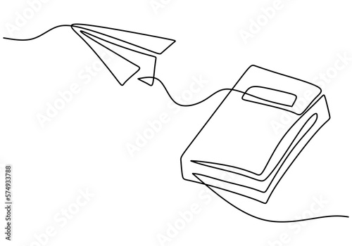 Hand drawing one single continuous line of book and paper plane isolated on white background.