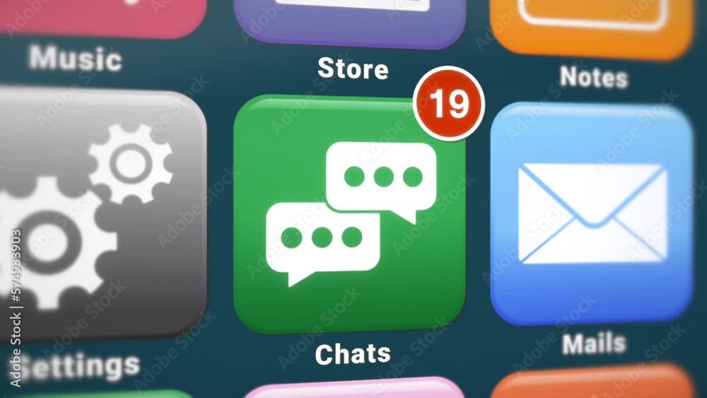Video animation of a smartphone screen. In focus a chat app with notifications. Moving background.