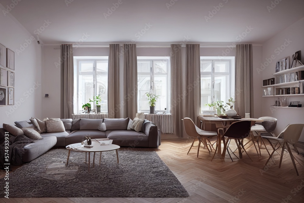 Stylish scandinavian living room with design mint sofa, furnitures, mock up poster map, plants and elegant personal accessories. Modern home decor. Bright and sunny room. Generative AI illustration.