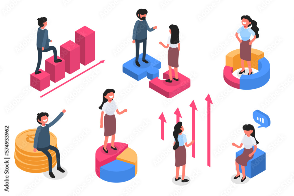 Set isometric people with elements of infographics. 3d Businessman and businesswoman. Graph of income growth. Financial analyst or consultant. Office workers. Set isometric people with elements of infographics. 3d Businessman and businesswoman. Graph of income growth. Financial analyst or consultant. Office workers.