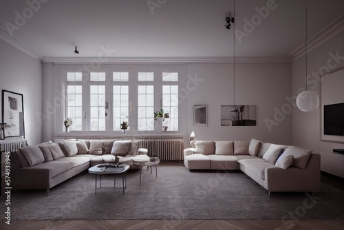 Stylish scandinavian living room with design mint sofa  furnitures  mock up poster map  plants and elegant personal accessories. Modern home decor. Bright and sunny room. Generative AI illustration.