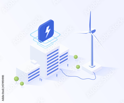 3d isometric wind turbines building electricity. Energy power technology. Green electricity. Wind generator power plant. Clean energy. Renewable energy. Power supply industry.