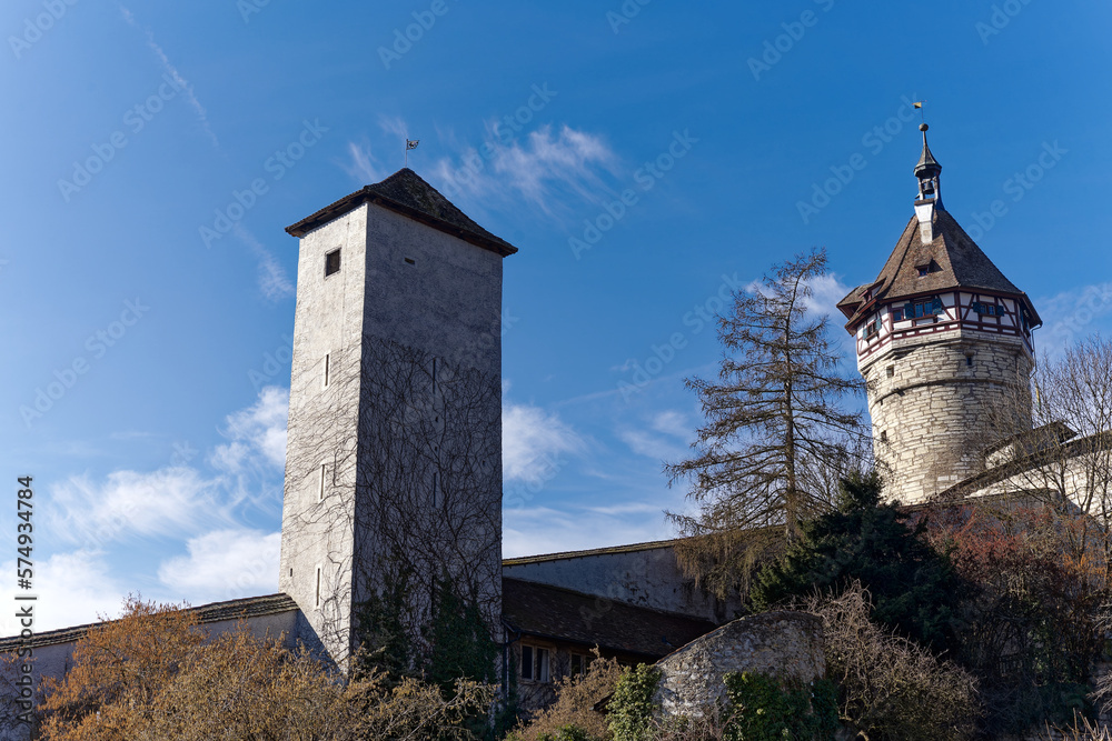Famous Munot fortification on a hill at Swiss City of Schaffhausen on a sunny winter day. Photo taken February 16th, 2023, Schaffhausen, Switzerland.