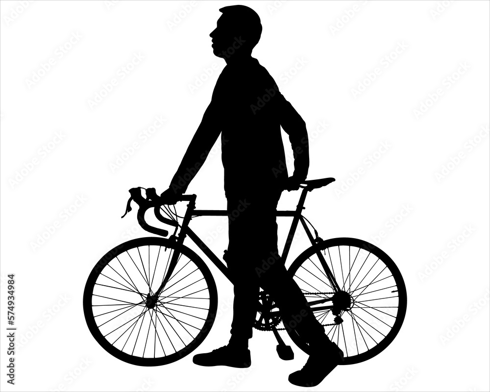 Cyclist with a bike. A guy holds the steering wheel of a bicycle in his hands. A man with a bike. Side view, profile. Sport. Athlete. Bicycle tourism. One black male silhouette on a white background Cyclist with a bike. A guy holds the steering wheel of a bicycle in his hands. A man with a bike. Side view, profile. Sport. Athlete. Bicycle tourism. One black male silhouette on a white background