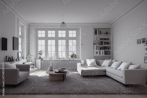 Stylish scandinavian living room with design mint sofa  furnitures  mock up poster map  plants and elegant personal accessories. Modern home decor. Bright and sunny room. Generative AI illustration.