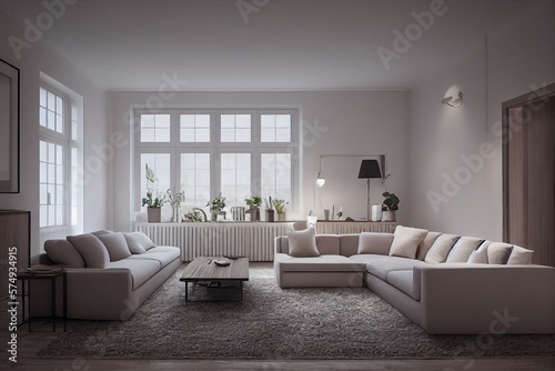 Stylish scandinavian living room with design mint sofa, furnitures, mock up poster map, plants and elegant personal accessories. Modern home decor. Bright and sunny room. Generative AI illustration.