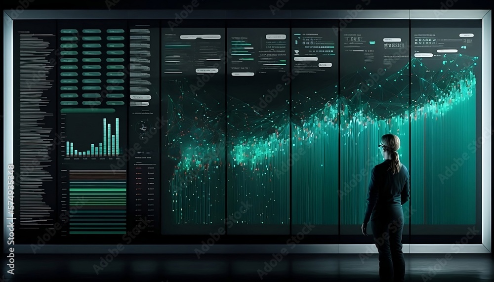 A business Women audit the graphs displayed on virtual screen in a studio