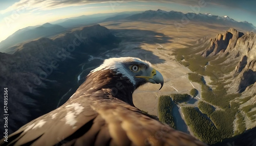 Eagle view flying  over the mountains, Generative AI