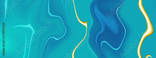 Luxurious blue, golden liquid liens background. Fluid painting abstract texture background. Modern banner, fluid trendy background.