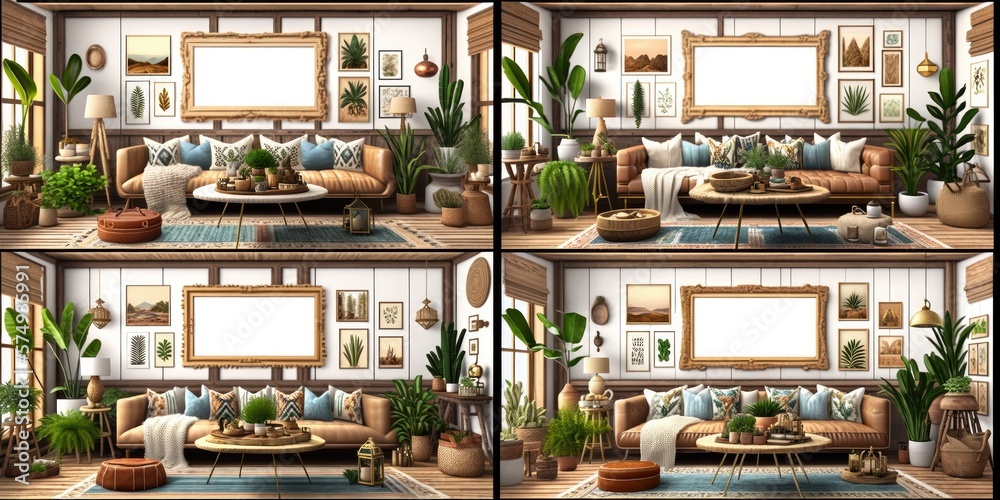 Stylish scandinavian living room with design mint sofa, furnitures, mock up poster map, plants and elegant personal accessories. Modern home decor. Bright and sunny room. Generative AI illustration. Stylish scandinavian living room with design mint sofa, furnitures, mock up poster map, plants and elegant personal accessories. Modern home decor. Bright and sunny room. Generative AI illustration.