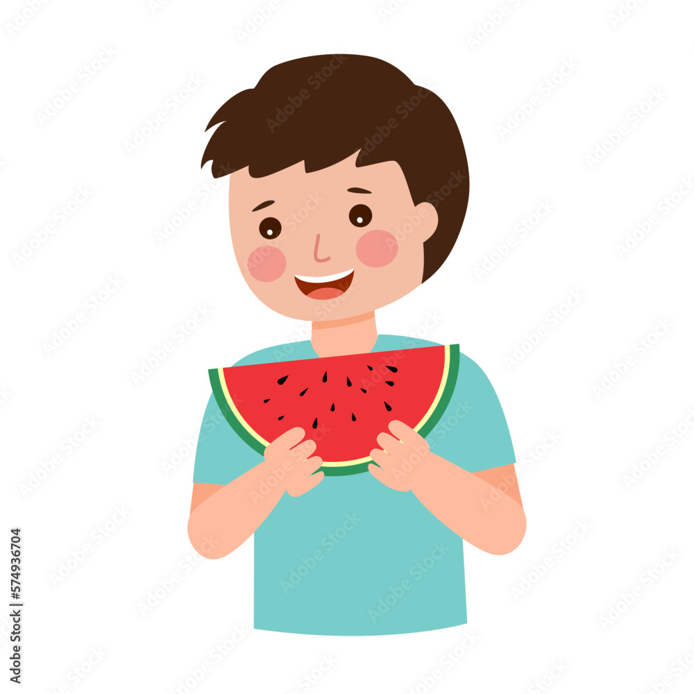 Cute boy child eating watermelon in flat design on white background. Cute boy child eating watermelon in flat design on white background.