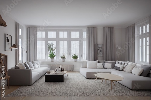 Stylish scandinavian living room with design mint sofa  furnitures  mock up poster map  plants and elegant personal accessories. Modern home decor. Bright and sunny room. Generative AI illustration.