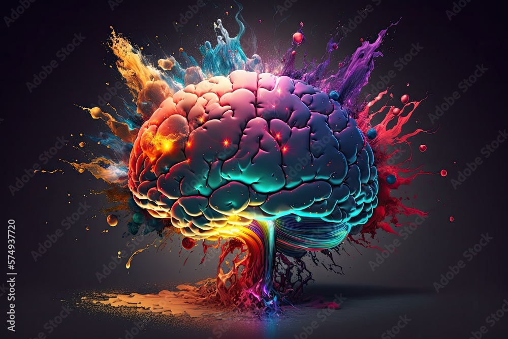 Color 3d illustration of human brain with epic mind blowing thought