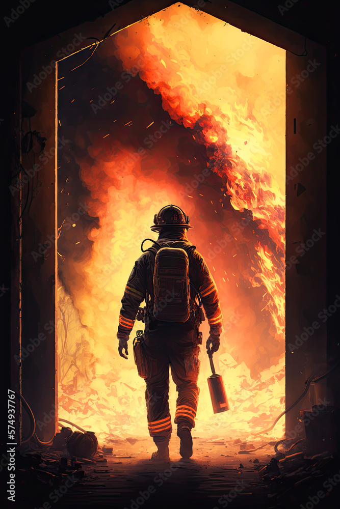 Fototapeta premium fireman,fire truck, building in fire. ai generative