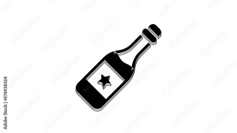 Black Champagne bottle icon isolated on white background. Merry Christmas and Happy New Year. 4K Video motion graphic animation