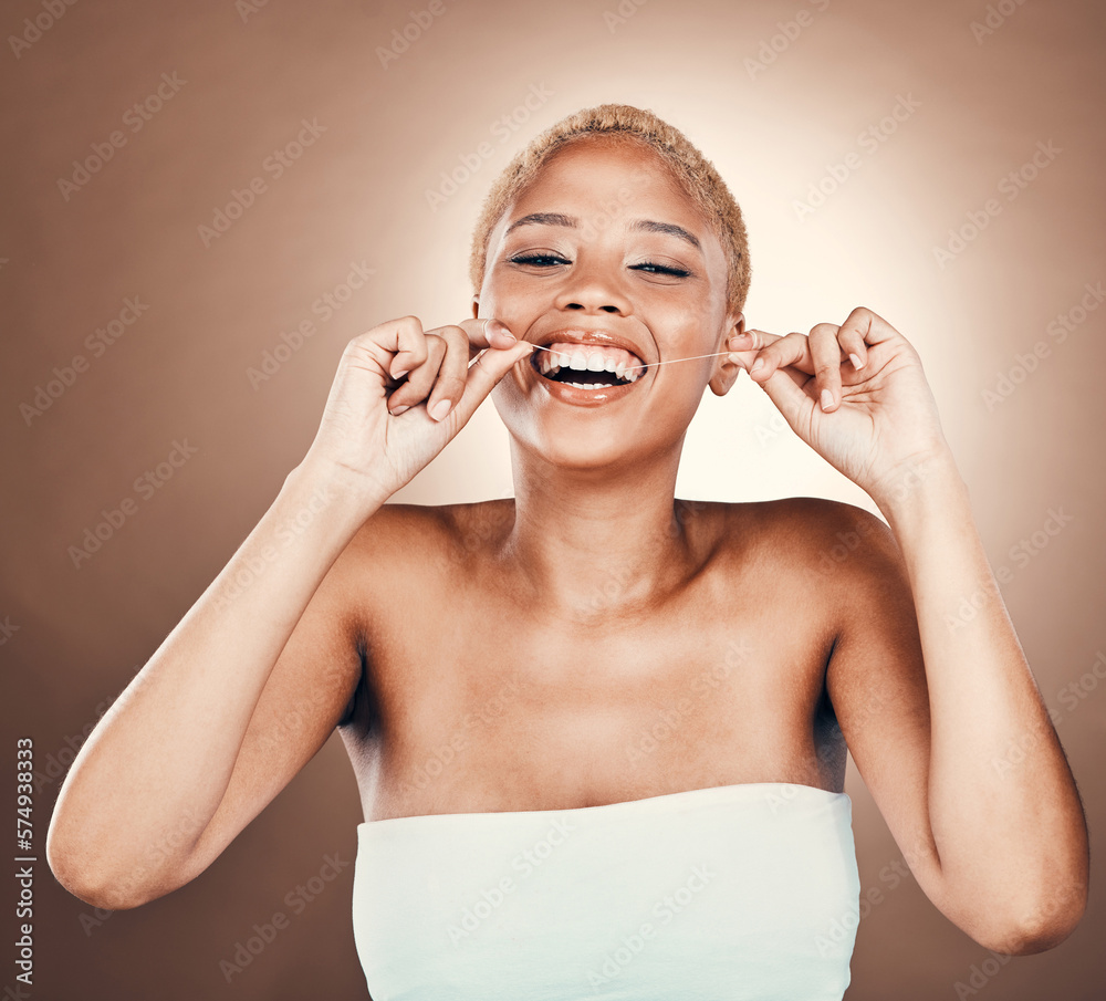 Teeth Dental Floss And Portrait Of Black Woman On A Brown Background For Healthy Smile