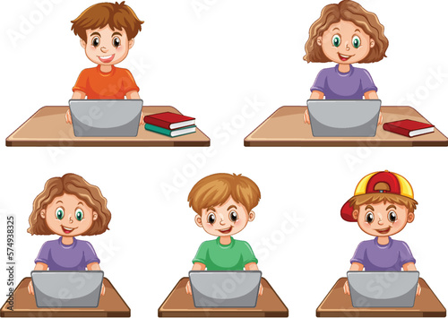 Cartoon Kids Using Laptops for Online Learning