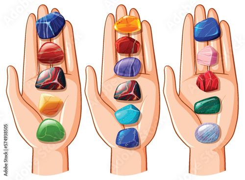 Set of human hands with healing crystals