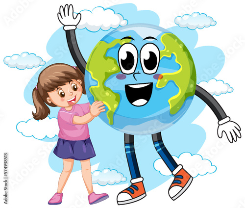 Happy girl with cartoon earth globe