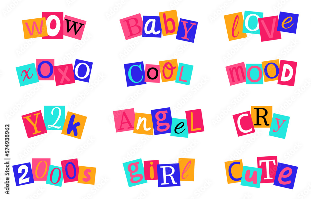 Words with letters cutting from magazines in y2k style, 90s style. Can be used for social media, web design, banner, poster or greeting card. Words with letters cutting from magazines in y2k style, 90s style. Can be used for social media, web design, banner, poster or greeting card.