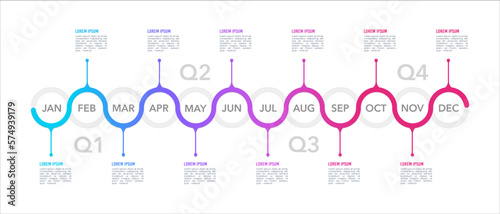 Business infographic template 12-month timeline to success. Business presentation 4 quarters. Presentation Roadmap Milestone. Vector illustration.