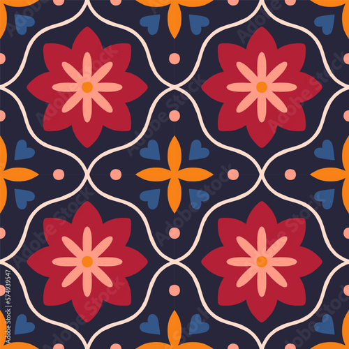 Decorative pattern with symmetrical shapes and abstract flowers. Floral tiled texture in retro style. Repetitive seamless mosaic background