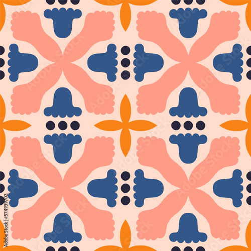 Decorative vector pattern with abstract flowers and shapes. Beautiful seamless texture in retro style. Symmetrical tile background
