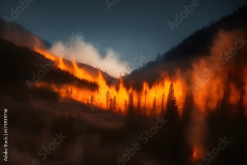 Un feu de forêt sur une colline de montagne - generative AI. photo