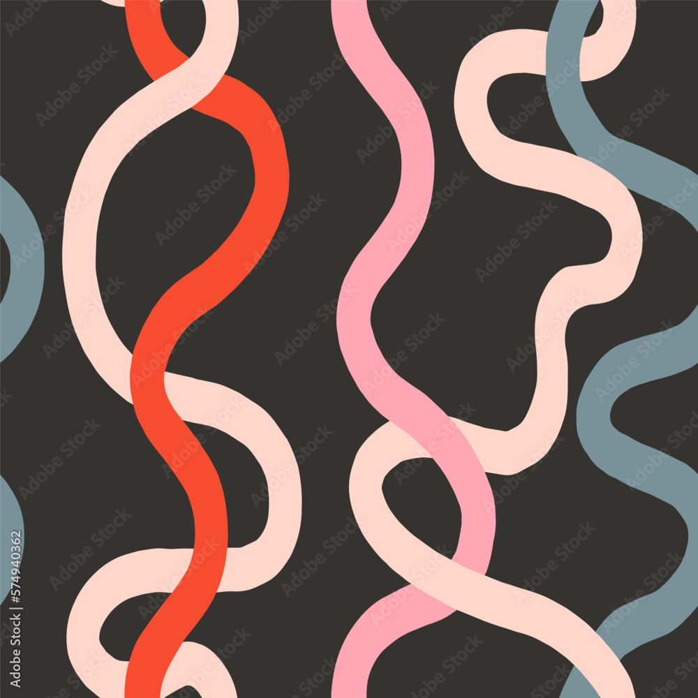 Obraz premium Vector twisted curvy lines pattern. Abstract seamless texture with hand drawn swirl lines. Funky background in retro style