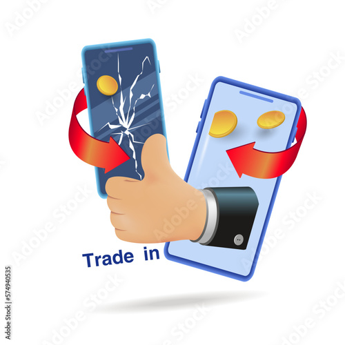 The hand is holding a new smartphone.
A good deal. Exchange of an old device for a new one,
a leaflet, a banner. Vector illustration, 3d.