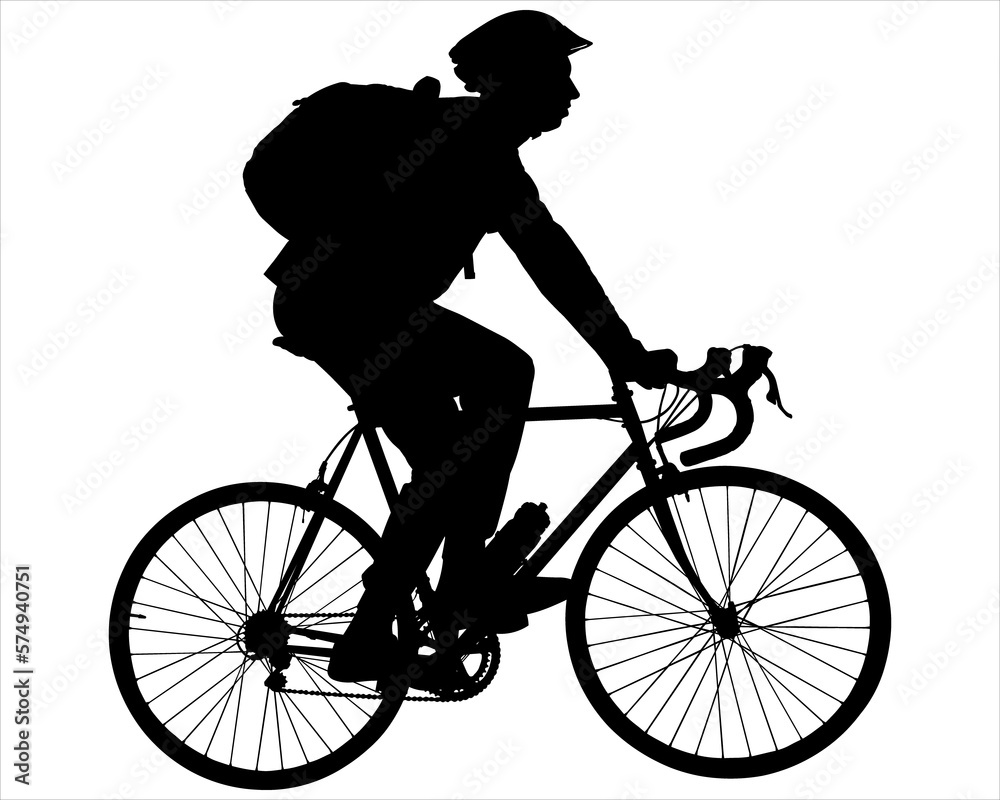 Obraz premium A cyclist in a protective helmet rides a bicycle with a backpack. Cyclist on a bicycle in motion. A ride on the bicycle. A man, a guy with a bike. Side view. Black silhouette of a man on a white