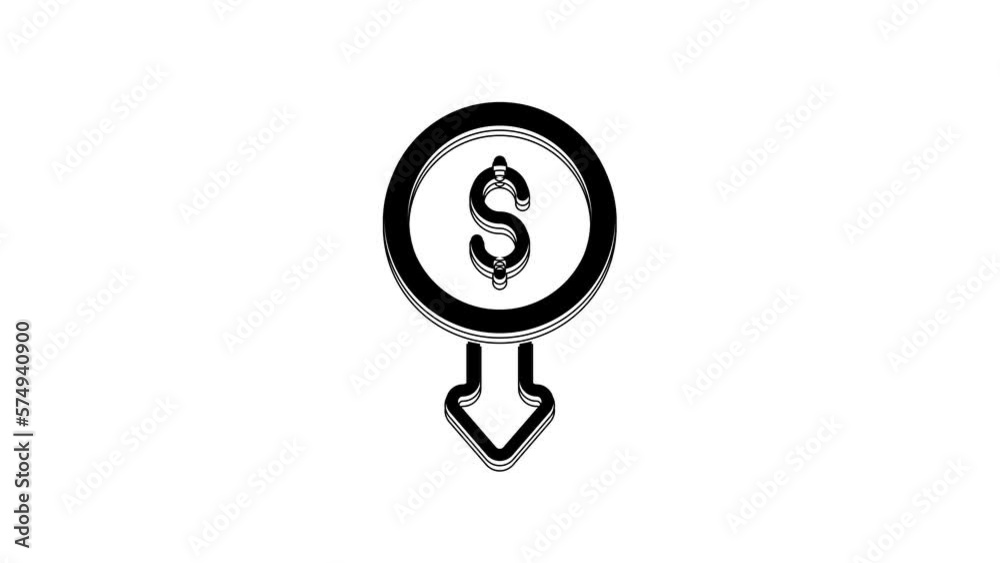 Black Dollar rate decrease icon isolated on white background. Cost reduction. Money symbol with down arrow. Business lost crisis decrease. 4K Video motion graphic animation Black Dollar rate decrease icon isolated on white background. Cost reduction. Money symbol with down arrow. Business lost crisis decrease. 4K Video motion graphic animation