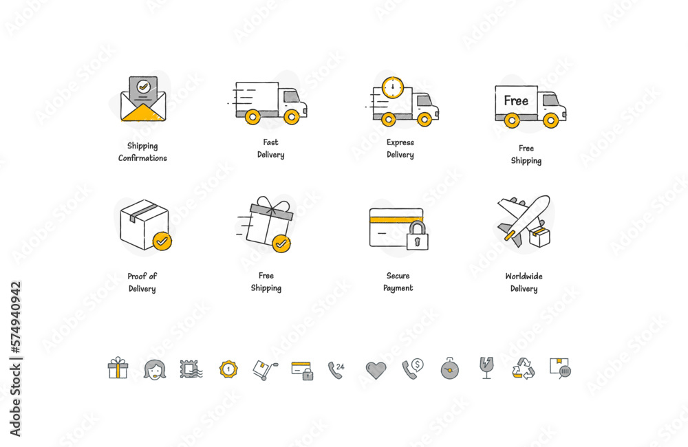 Shipping vector hand drawn orange and gray line icon, Minimalist Logistics Clip Art Bundle, Delivery  Tracking Business Vector Icons