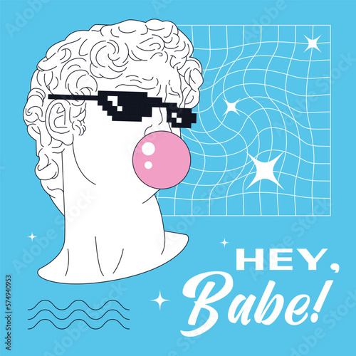 Greek sculpture of david's head in line style. Statue with pop art elements, gum, pixel glasses and inscription hello baby. Editable stroke