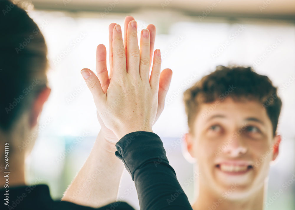 High five, hands or sports people for teamwork, support or collaboration with smile in gym. Agreement, partnership or greeting men for thank you, motivation for success goal and targets achievement